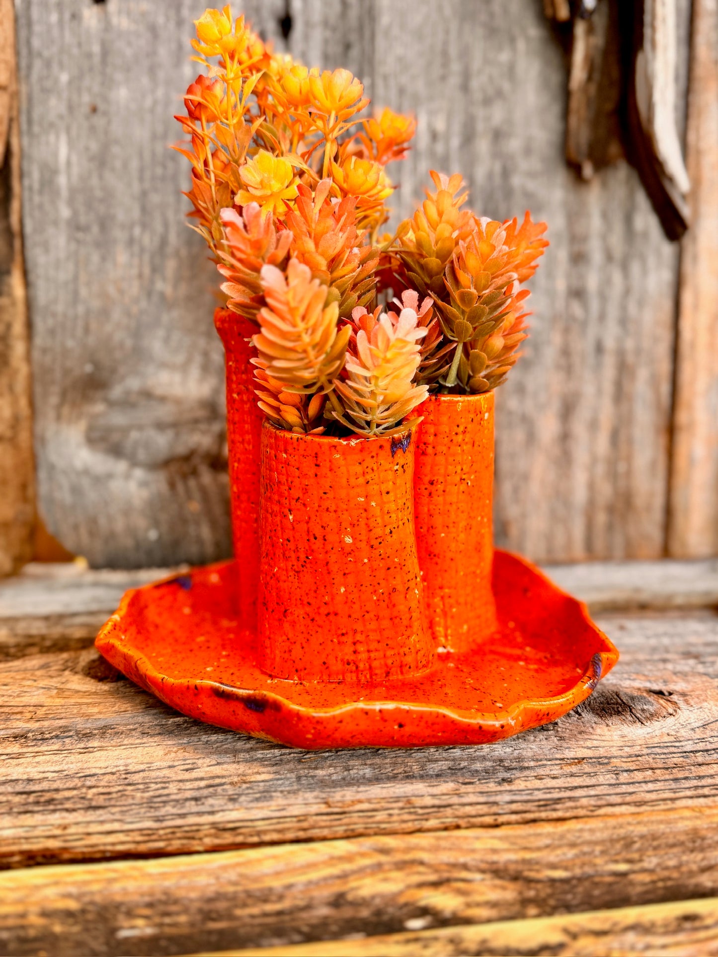 Rustic orange Triple Hole vase