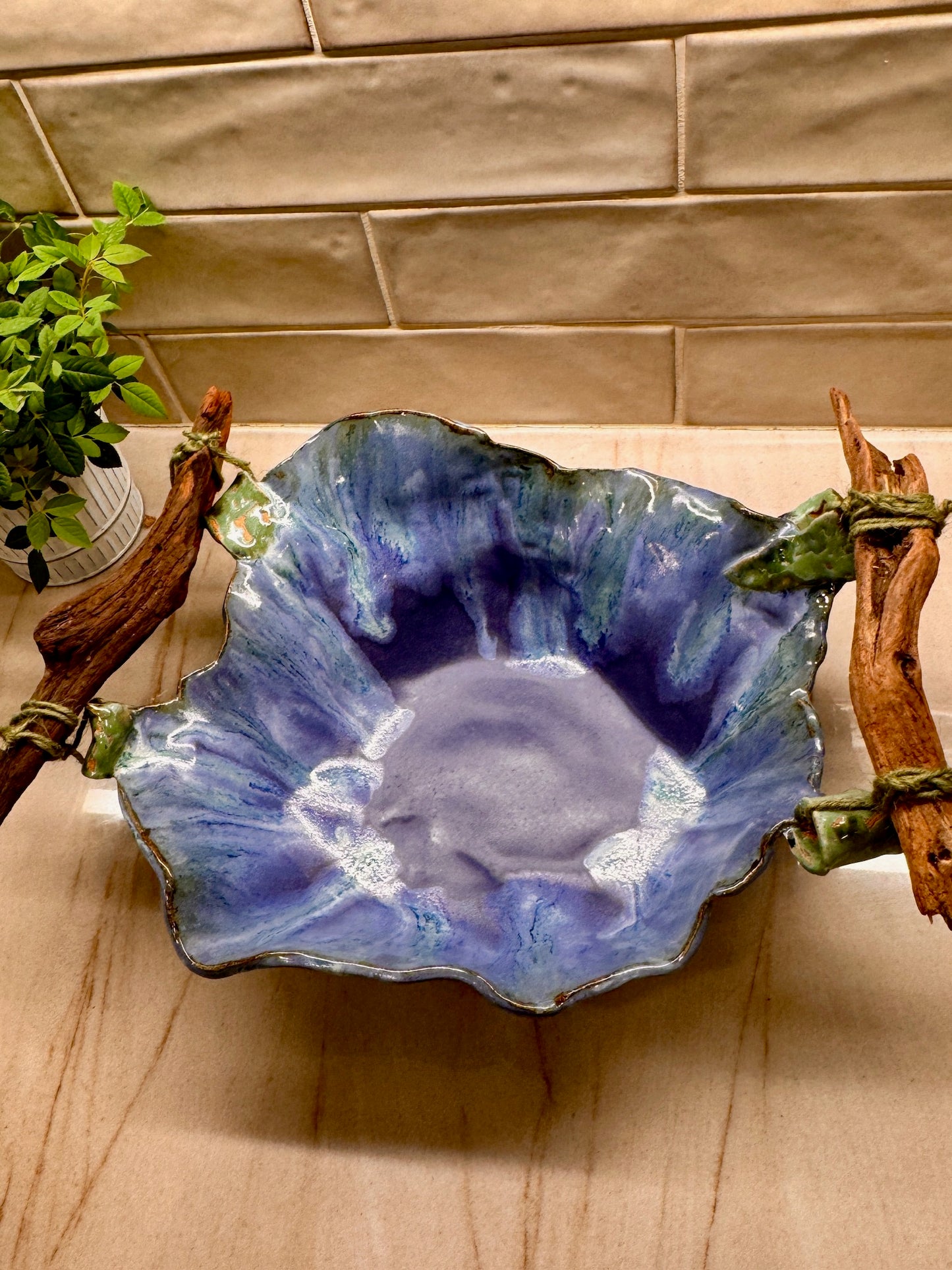 Rustic Southern Blue Bowl with Driftwood Handles
