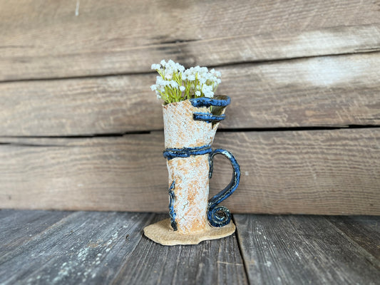 Crackle White Vase - Blue Handle | 9"