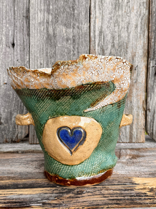 Handcrafted Two-toned Earthy Planter - Teal with deep blue heart