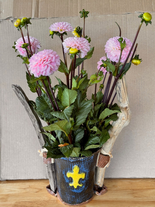 Rustic texturized Planter with Fleur de lis and driftwood