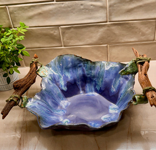 Rustic Southern Blue Bowl with Driftwood Handles