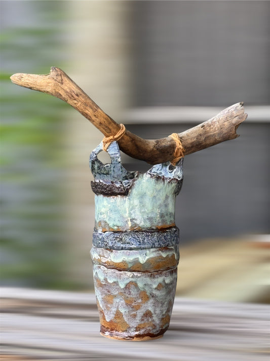 Rustic Vase with Driftwood Accent